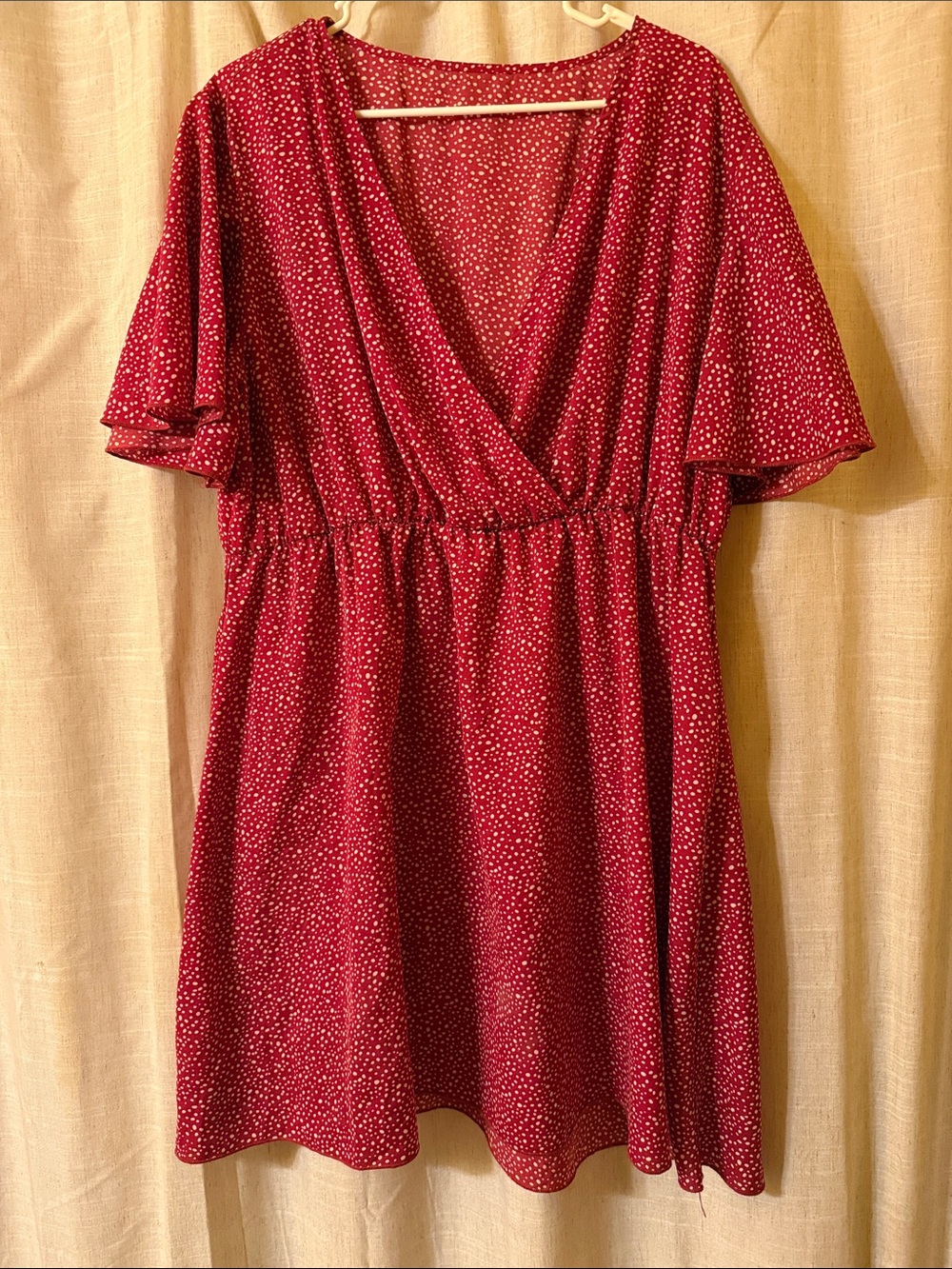 Red V-Neck Short Sleeve Dress with Mini Dot Print